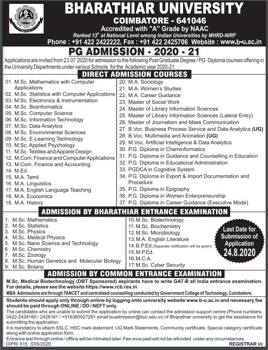 Bharathiar University pg admission 2020