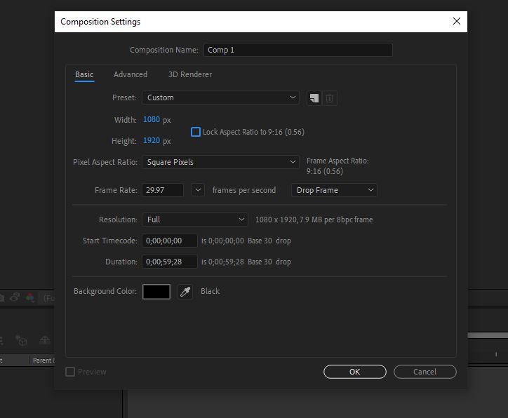 Create Youtube Shorts Video using Adobe After Effects Step 1