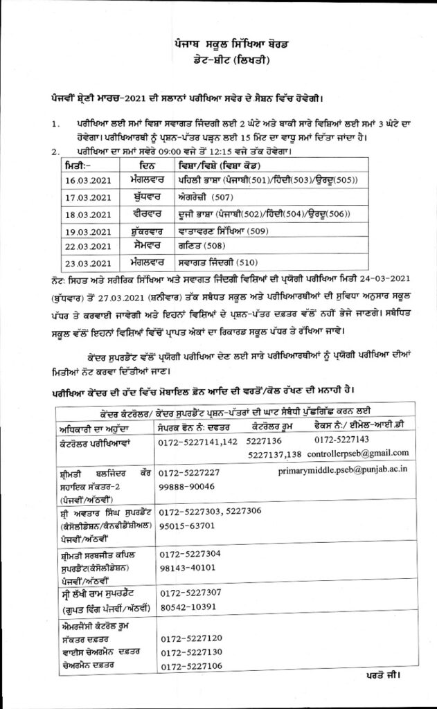  Date sheet for annual examination of Primary and Middle, March 2021