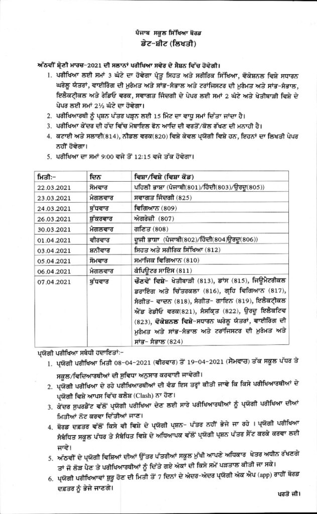  Date sheet for annual examination of Primary and Middle, March 2021