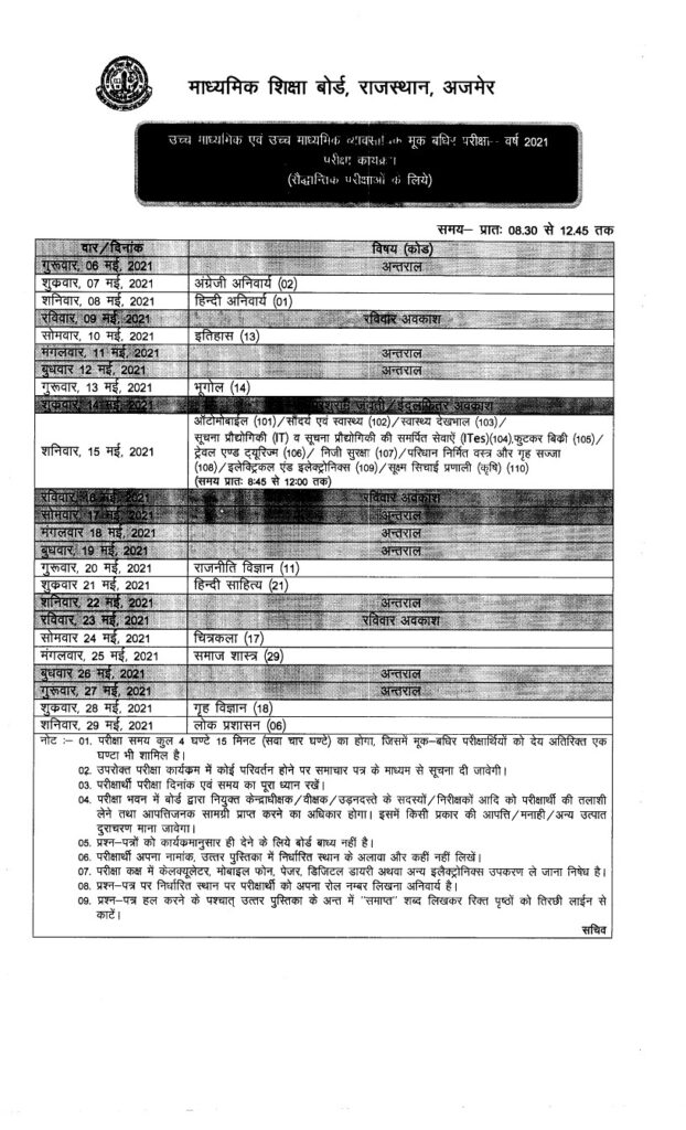 RBSE 10th Time Table 2021 New 2021 PDF 4