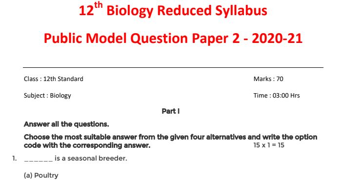 12th Biology Public Exam Model Question Paper