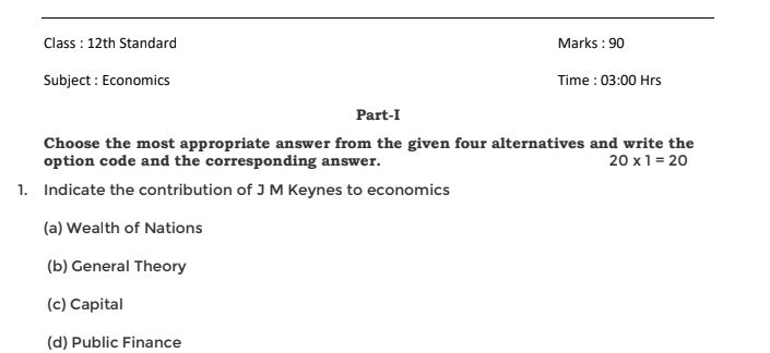12th Economics Public Exam Question Paper 1