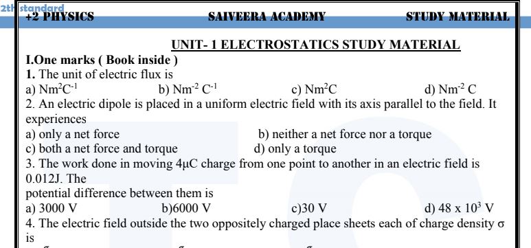 12th Physics 1st Unit important questions pdf Saiveera