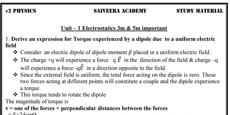 12th Physics 1st Unit important questions pdf