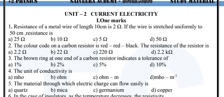 12th Physics 2nd Unit important questions pdf Saiveera