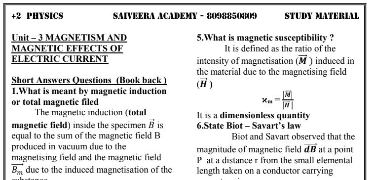 12th Physics 3rd Unit important questions pdf Saiveera