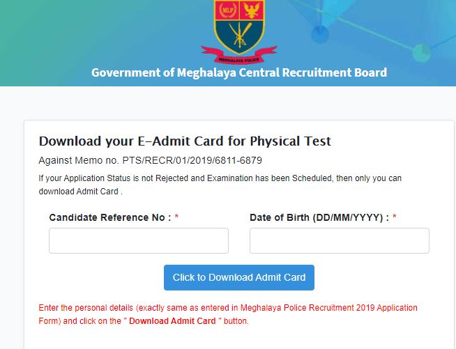 Meghalaya Police Recruitment 2021 Admit Card