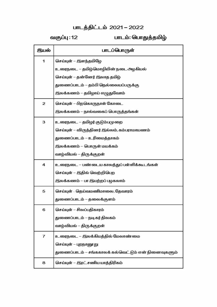 12th Tamil Reduced Syllabus 2021 2022