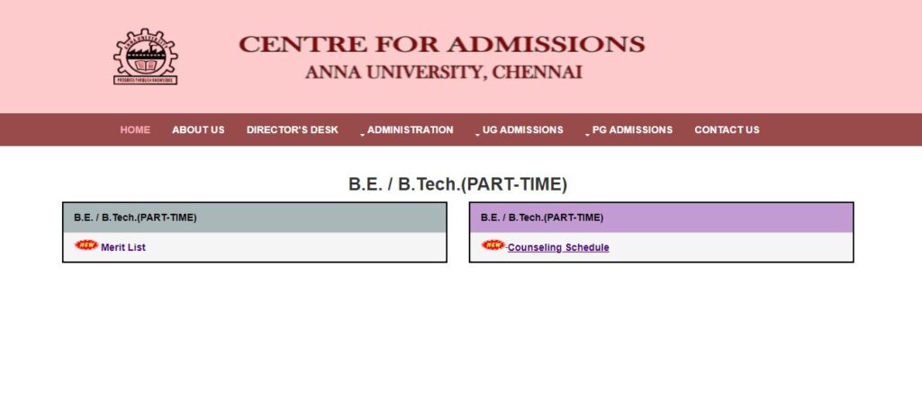 Anna University BE BTECH Part-Time Merit List & Counseling Schedule 2022